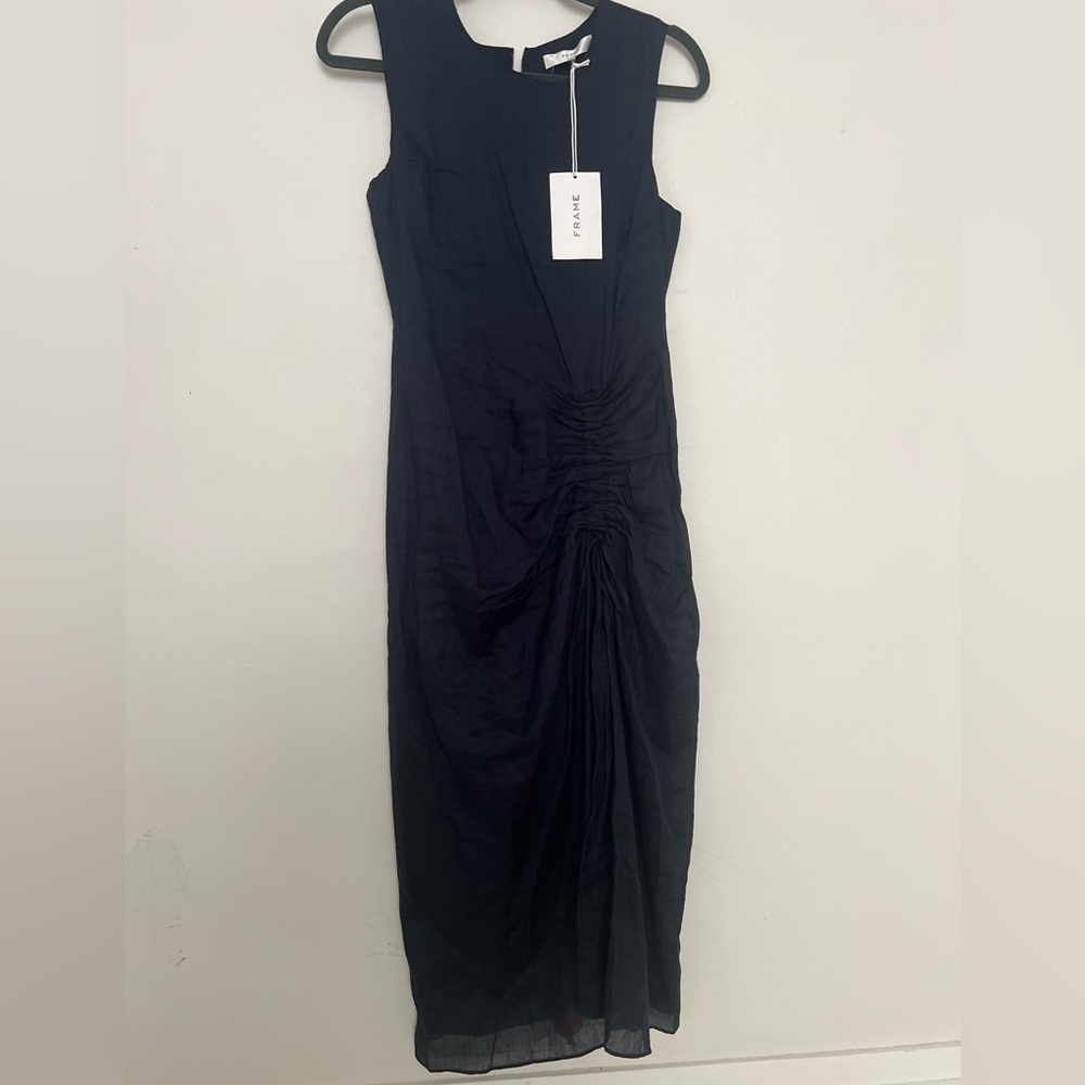 NWT $498 Frame Navy Ruched Front Tie Midi Dress Size XS - Picture 6 of 11